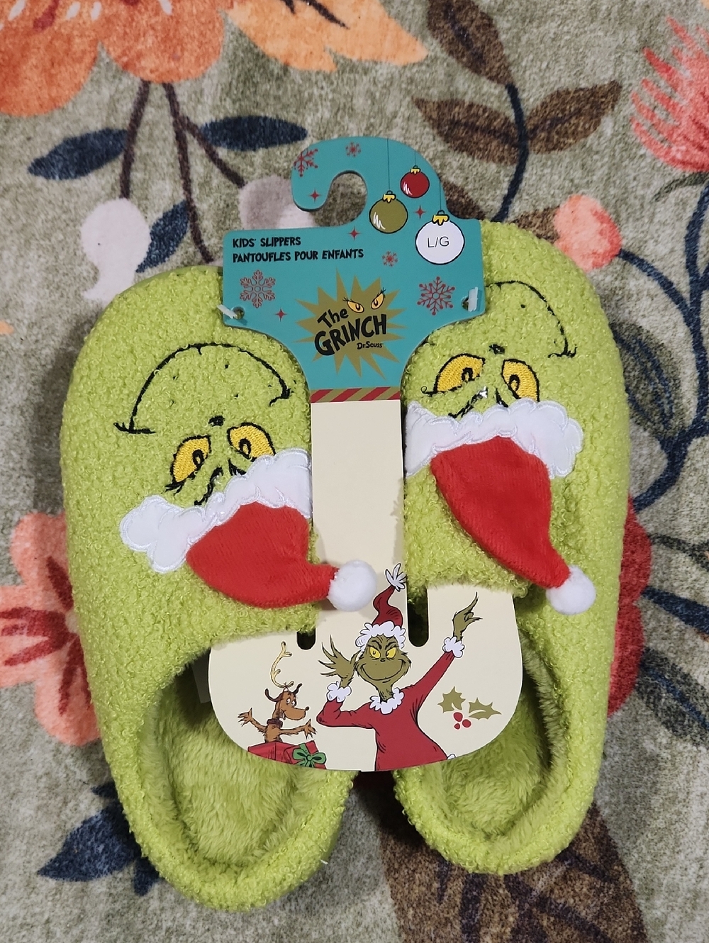 The Grinch Kids Aged 14 Large Slippers - Lime Green with Red Santa Hats